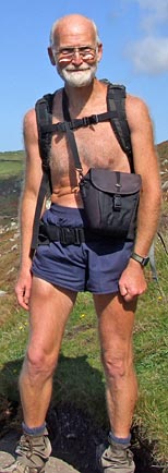Philip Goddard on hike in Cornwall, with bulge on right thigh clearly visible